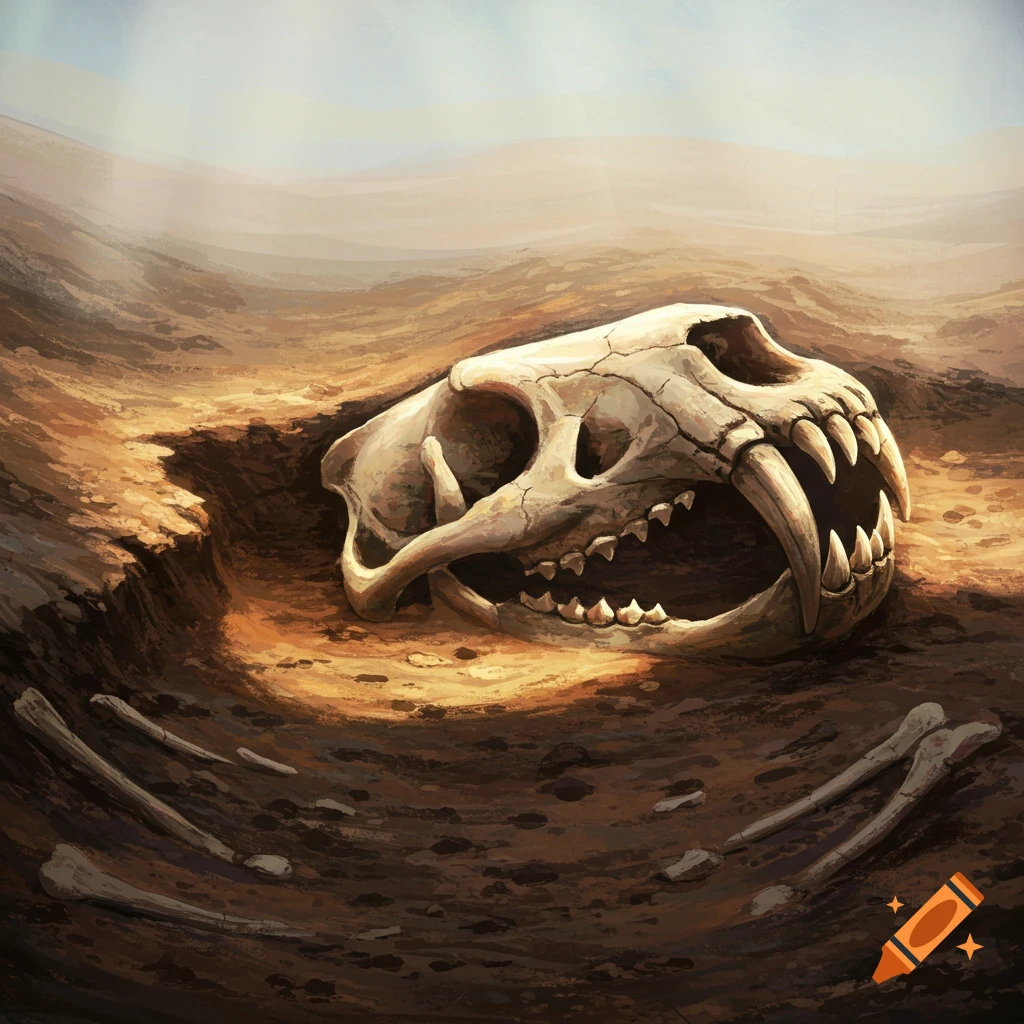 A saber-toothed cat skull and bones rest in the dirt.