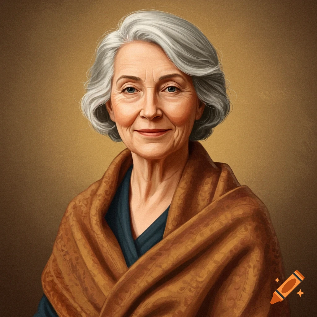 Portrait of an older woman with gray hair, smiling and wearing a shawl.