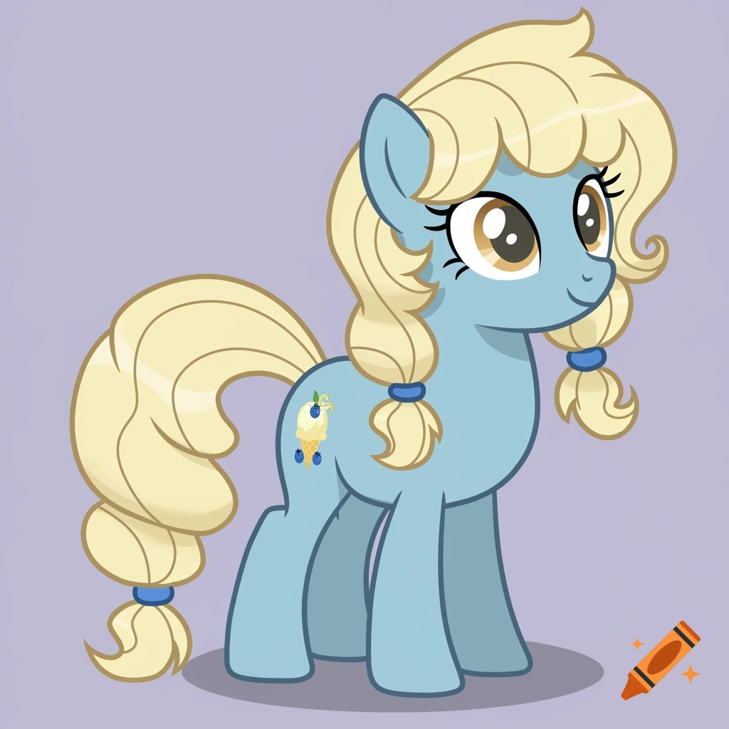 A light blue cartoon pony with blonde pigtails and a vanilla ice cream with blueberries cutie mark.