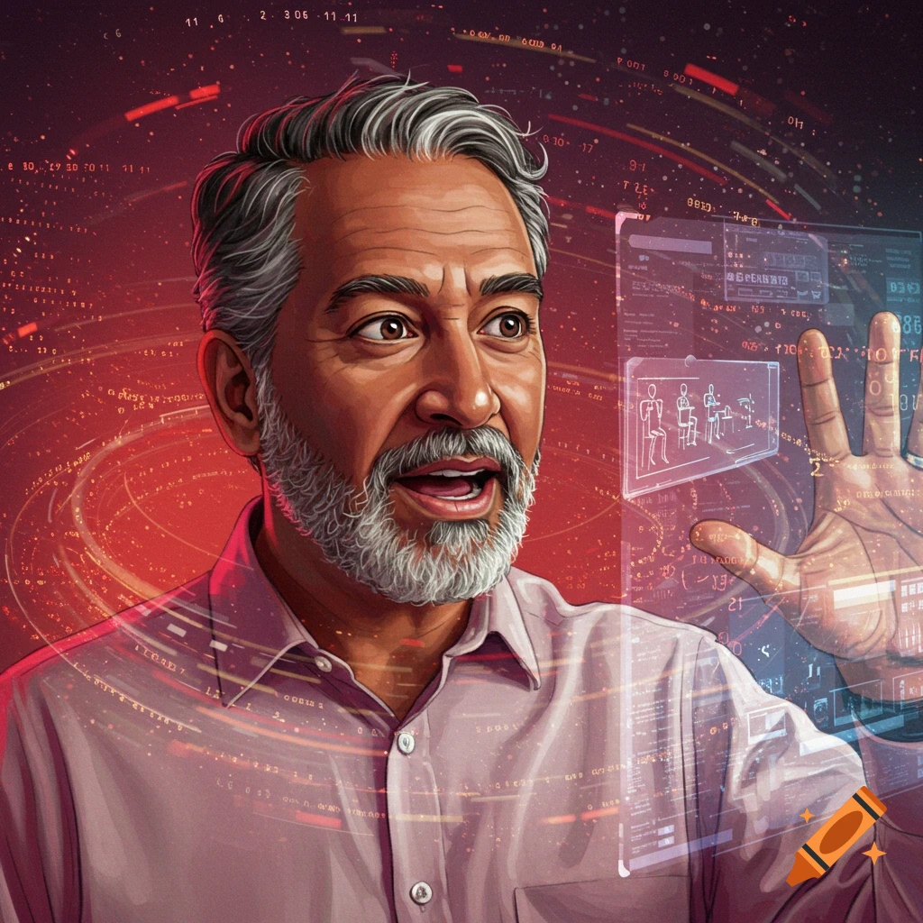 A man is interacting with a holographic screen displaying data.