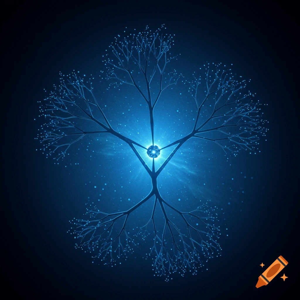 Abstract digital art of a central glowing blue node with branching network structures and light speckles.