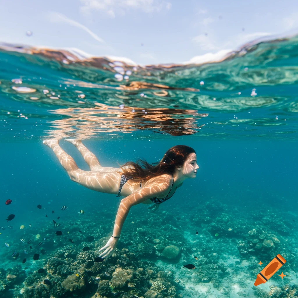 A person swims gracefully underwater above a coral reef, with sunlight filtering through the surface.