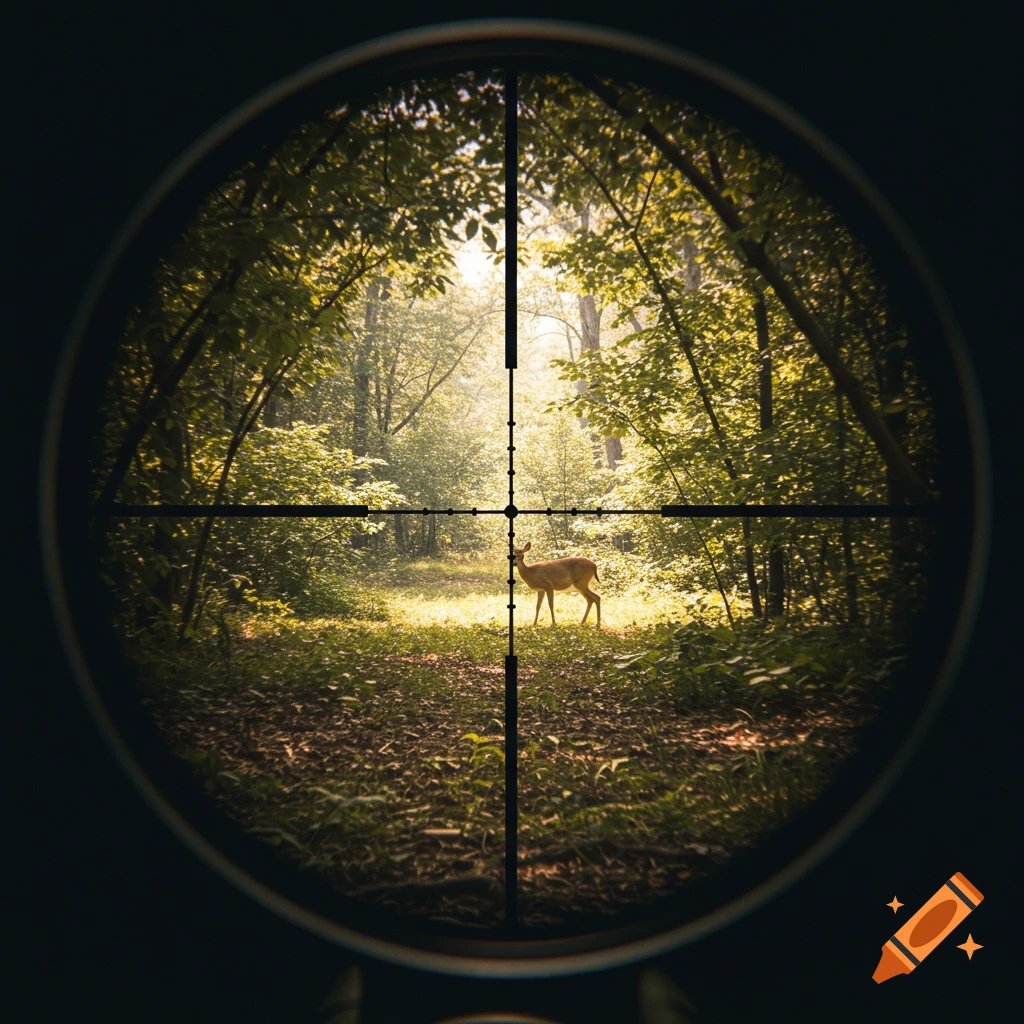 A deer stands in a forest clearing seen through a rifle scope.