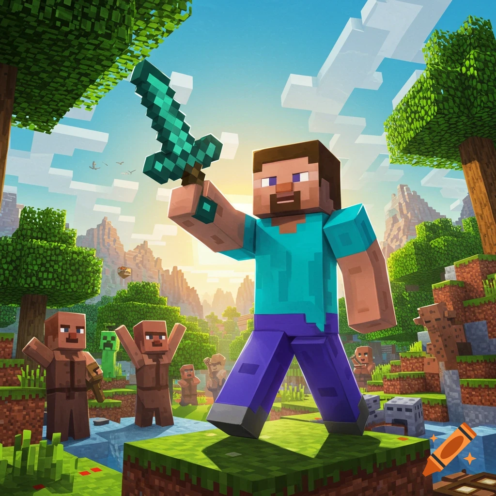 Blocky Minecraft character Steve raises a diamond sword as villagers and a Creeper watch in a sunlit landscape.