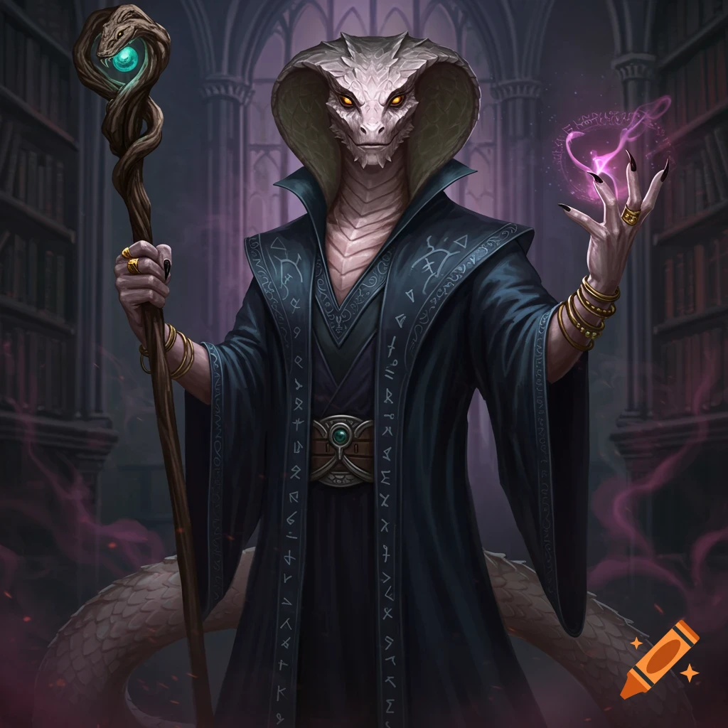 A snake-headed wizard in a dark robe holds a staff and casts magic in a library.