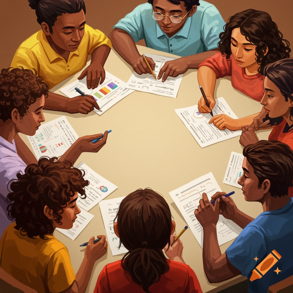 Diverse group of people working together at a table with papers.