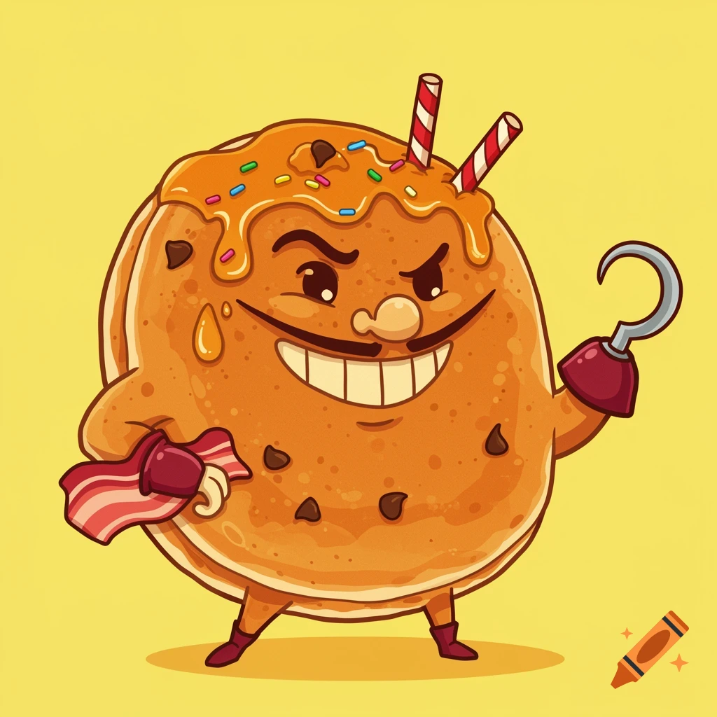 A cartoon pancake character styled as a pirate, with a hook hand and holding bacon.