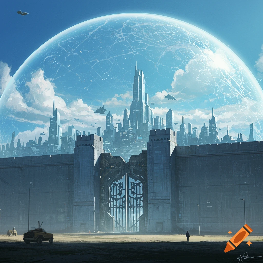 A futuristic walled city is shown under a clear dome. The city has a large gate and vehicles.
