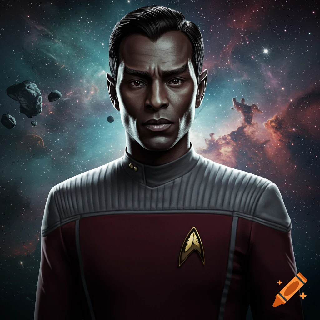 A person in a futuristic uniform with a badge stands against a starry space background.