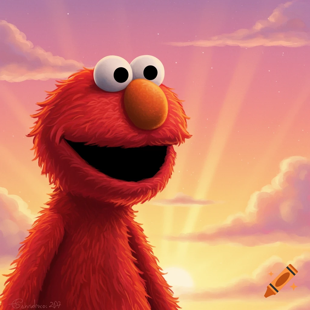 Elmo smiling against a vibrant sunrise.