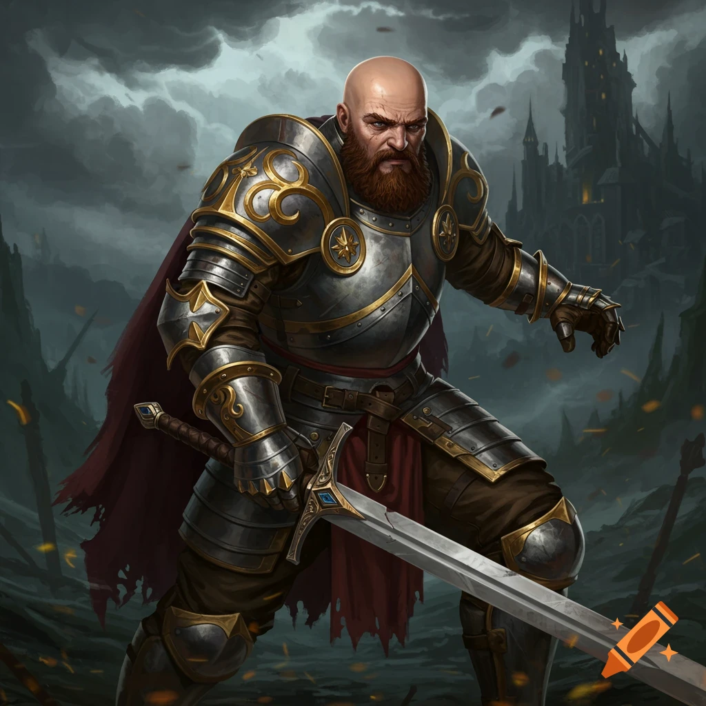 A bald, bearded knight in armor holds a sword in a dark fantasy landscape with a castle.