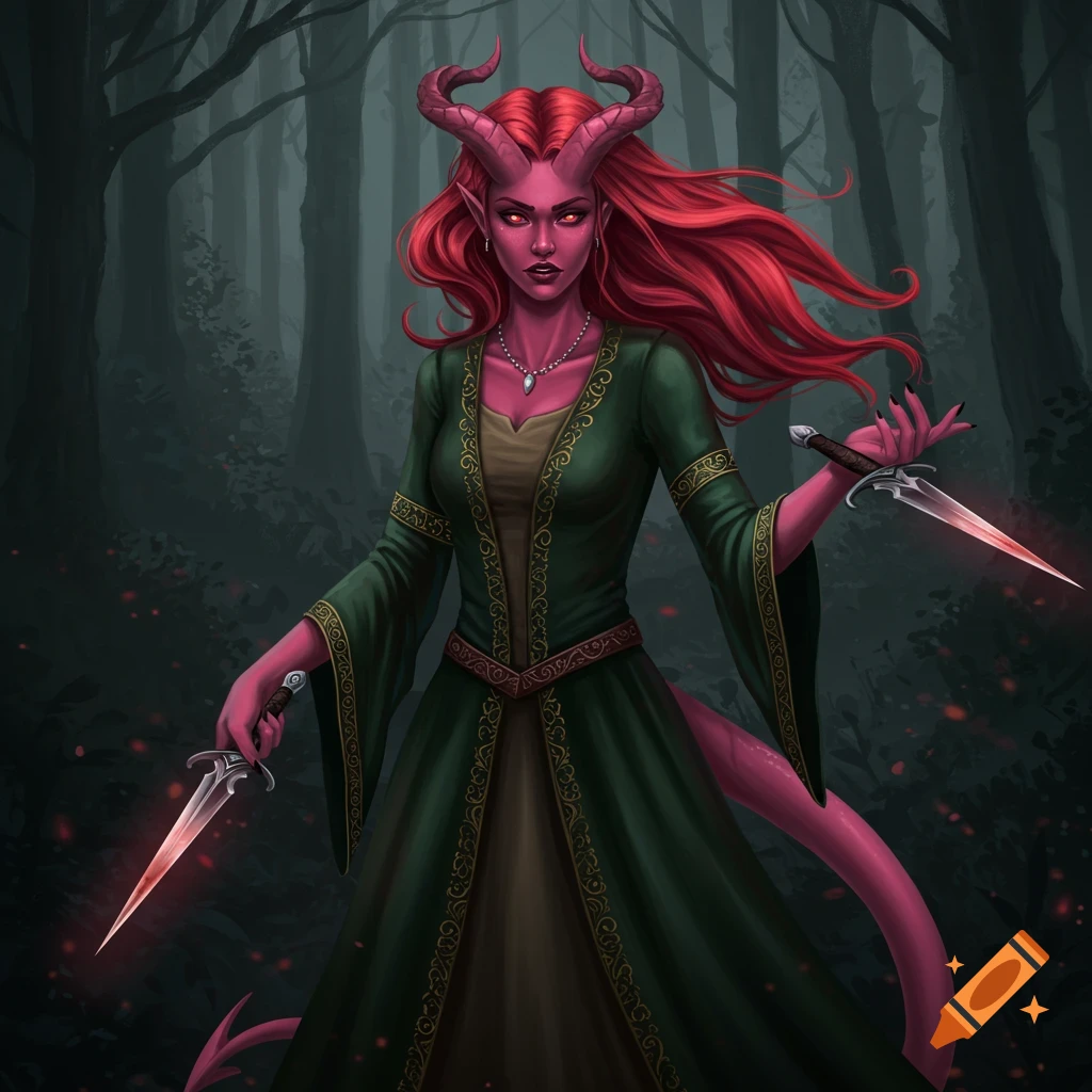 A pink-skinned tiefling woman with horns, red hair, and a green medieval dress, holding daggers in a forest.