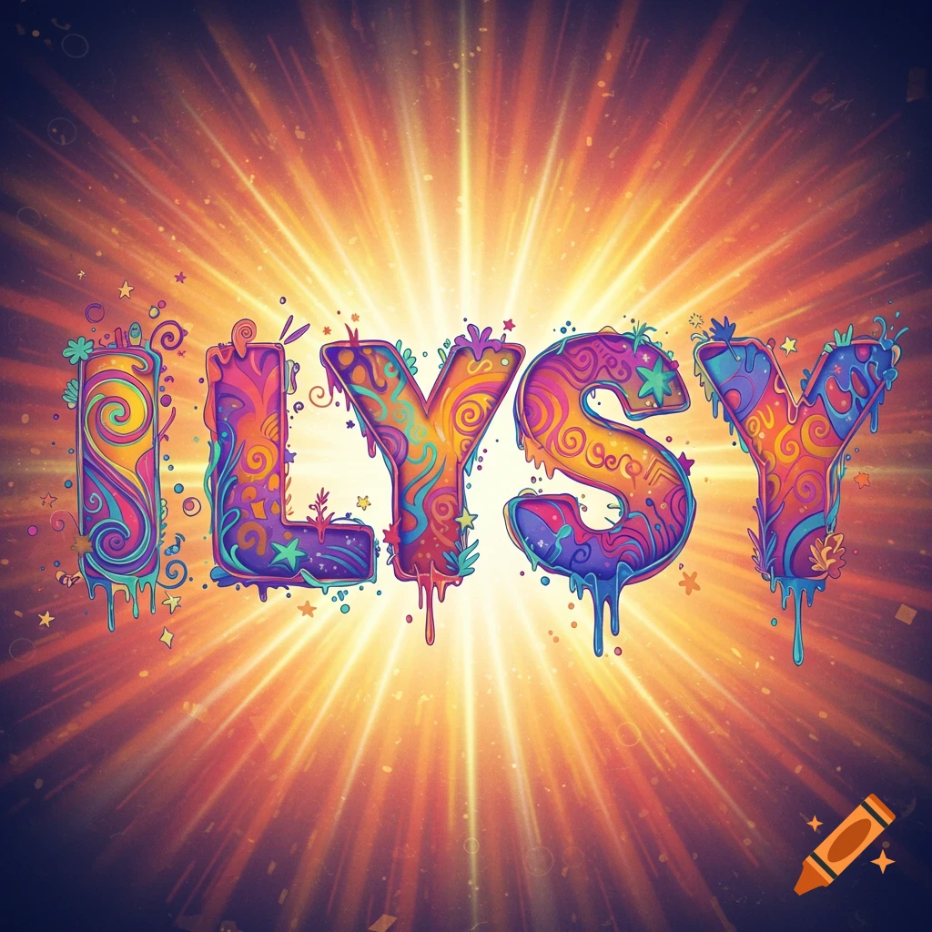 Stylized, colorful letters ILYSY radiating bright light