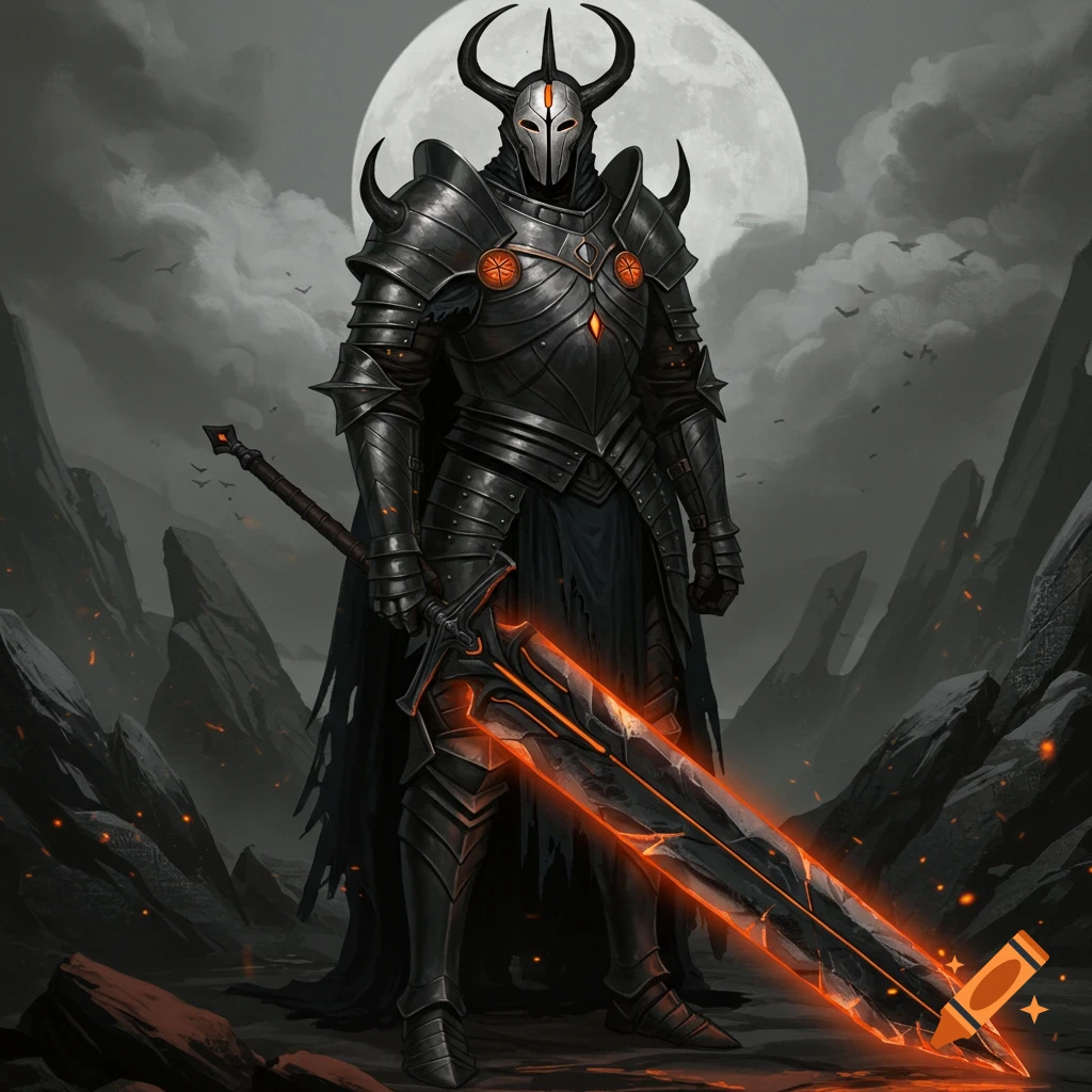 A dark fantasy knight in black armor with horns stands holding a glowing sword in a rocky landscape under a full moon.