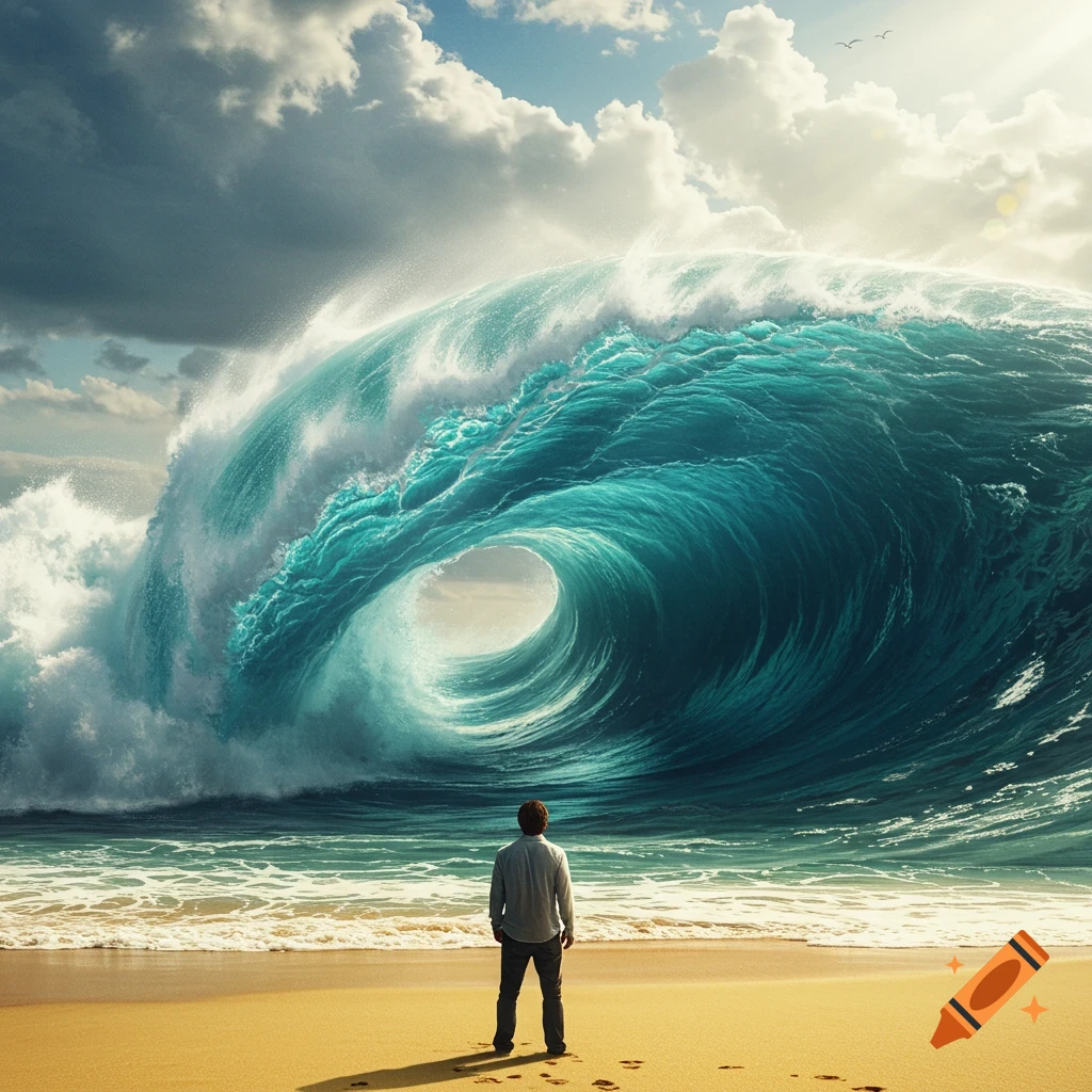 A person stands on a beach, gazing at a colossal wave.