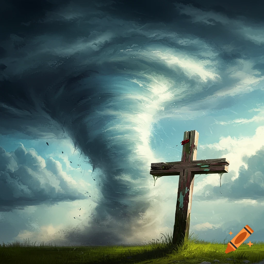 A large tornado funnel is descending from dark storm clouds behind a wooden cross in a grassy field.