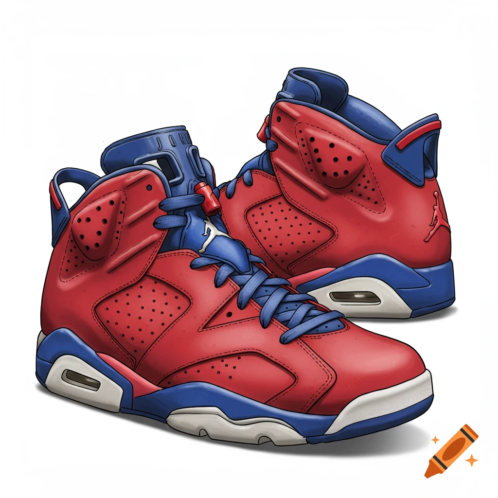 Red and blue Air Jordan 6 sneakers on a white background.