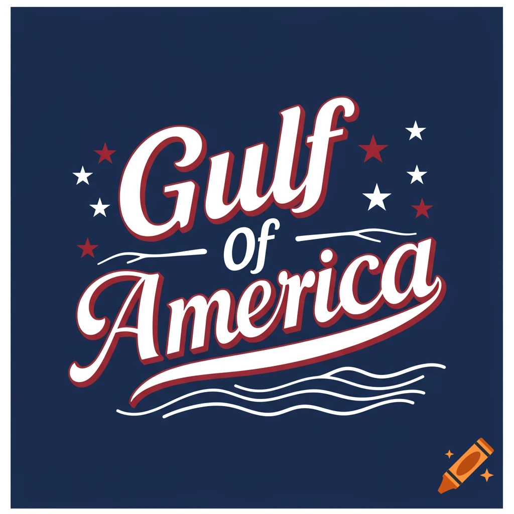 Stylized text 'Gulf of America' with stars and waves on a dark blue background.