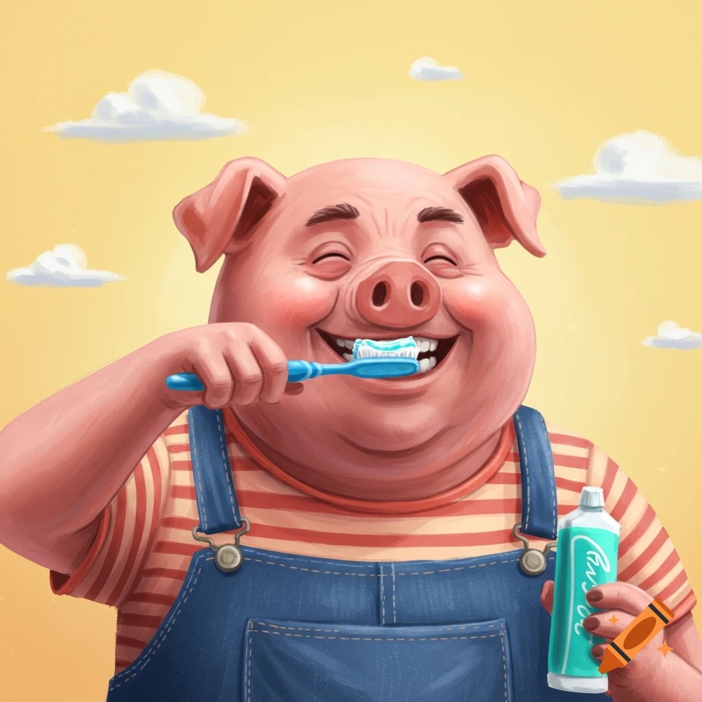 A cartoon pig in overalls brushes its teeth while holding toothpaste.