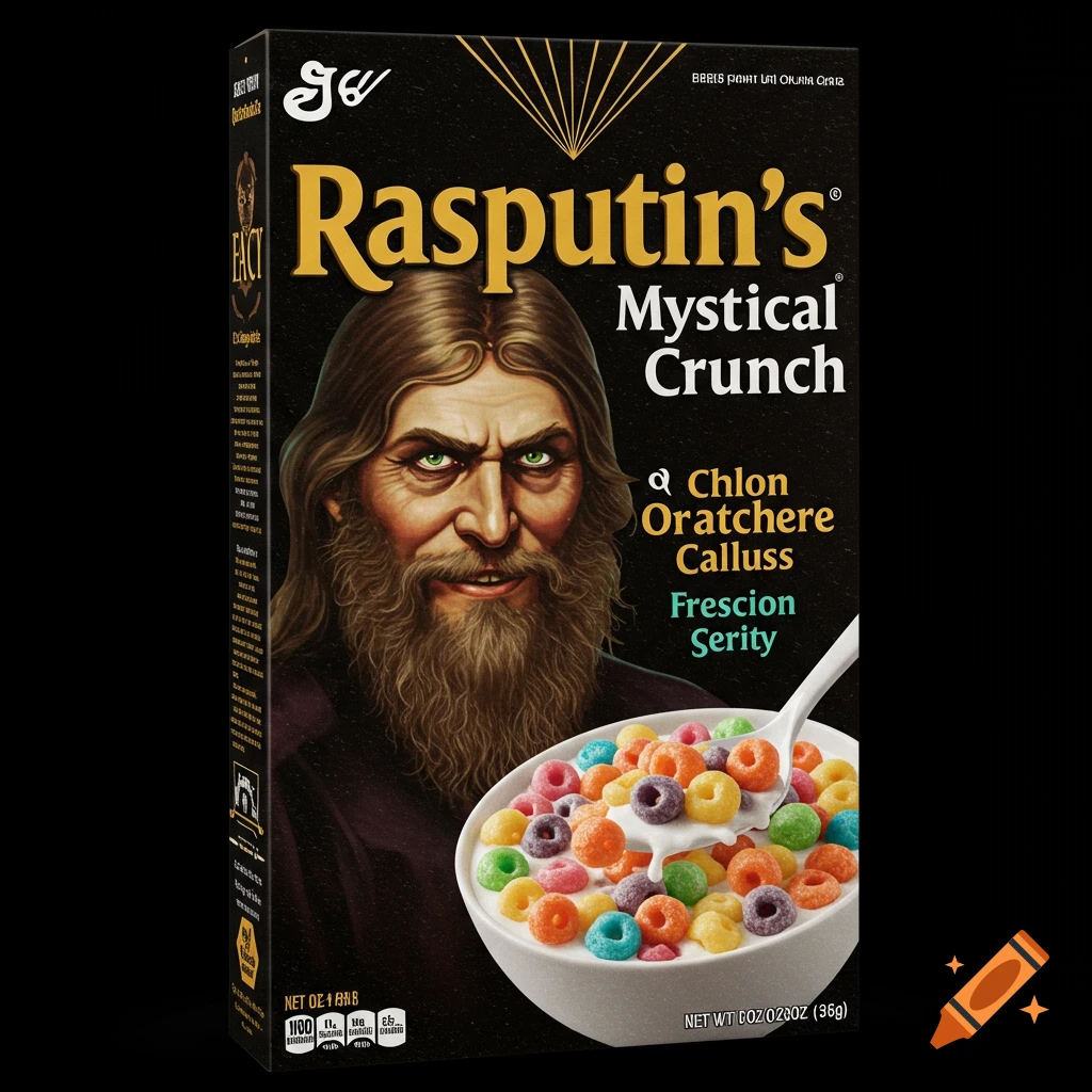 A cereal box featuring a portrait of Rasputin and a bowl of colorful cereal.