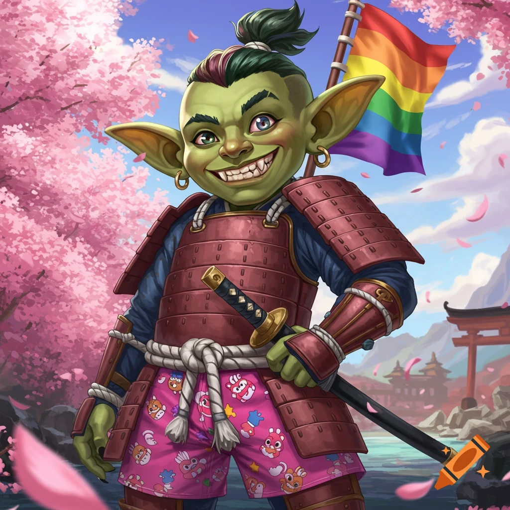 A smiling samurai goblin is holding a pride flag under cherry blossoms.