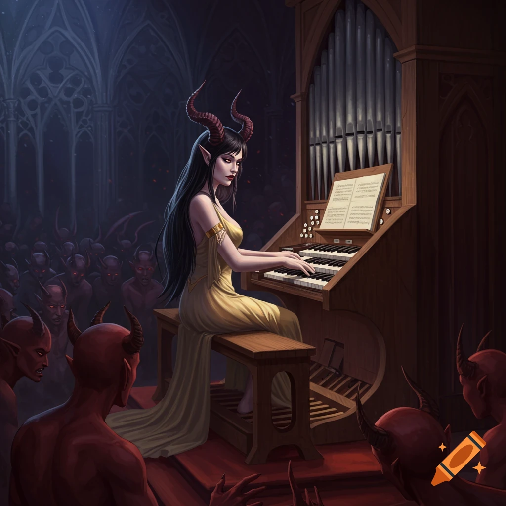 Demon with horns plays organ in dark gothic hall, surrounded by other demons. Dark fantasy illustration.
