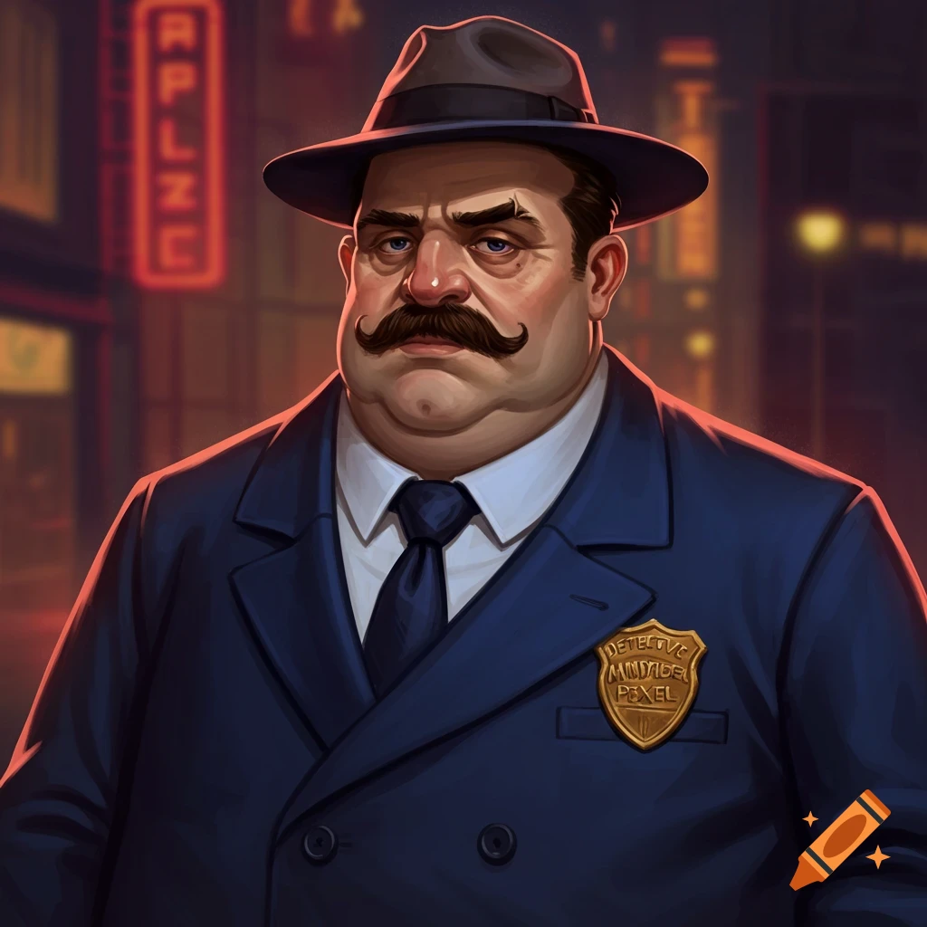 Painting of a stout detective character with a mustache, hat, and badge.