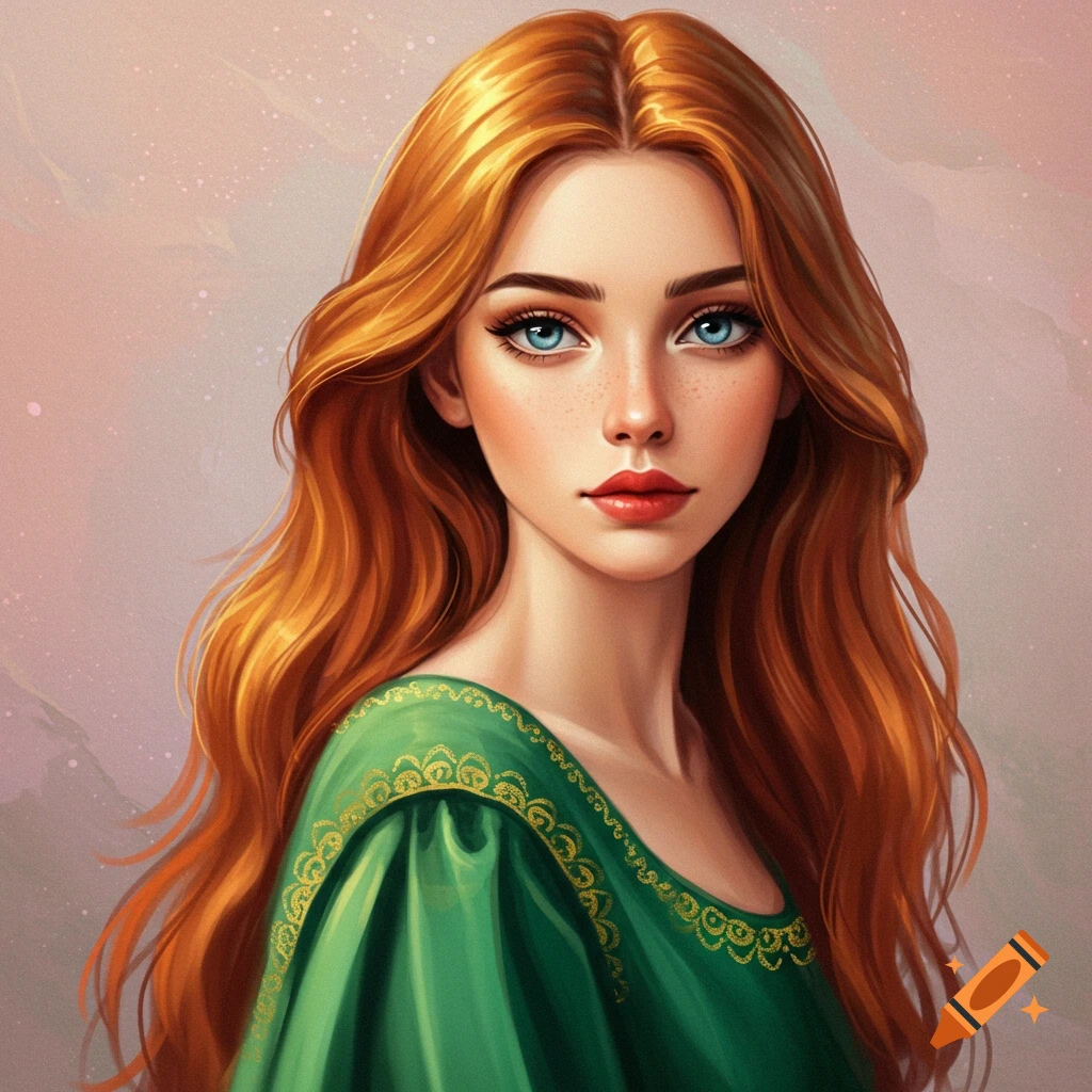 Portrait of a woman with long red hair and blue eyes wearing a green dress