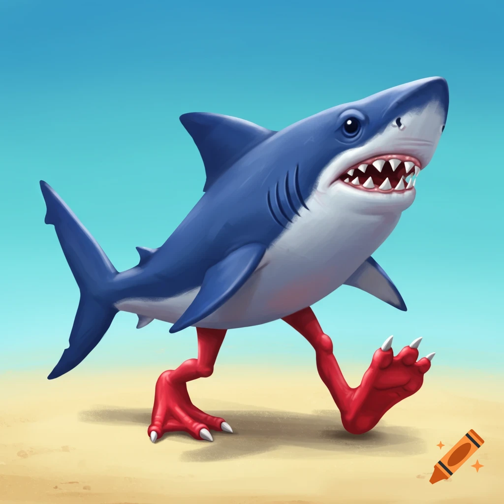 A shark walking on a beach with red bird-like legs and claws.