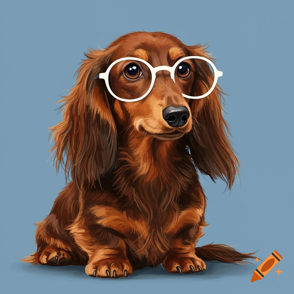 A long-haired dachshund wearing white glasses.