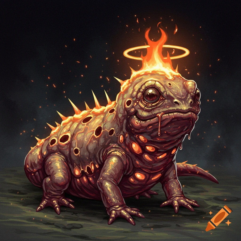 A spiky, blistered salamander-like creature with fiery elements and glowing eyes.