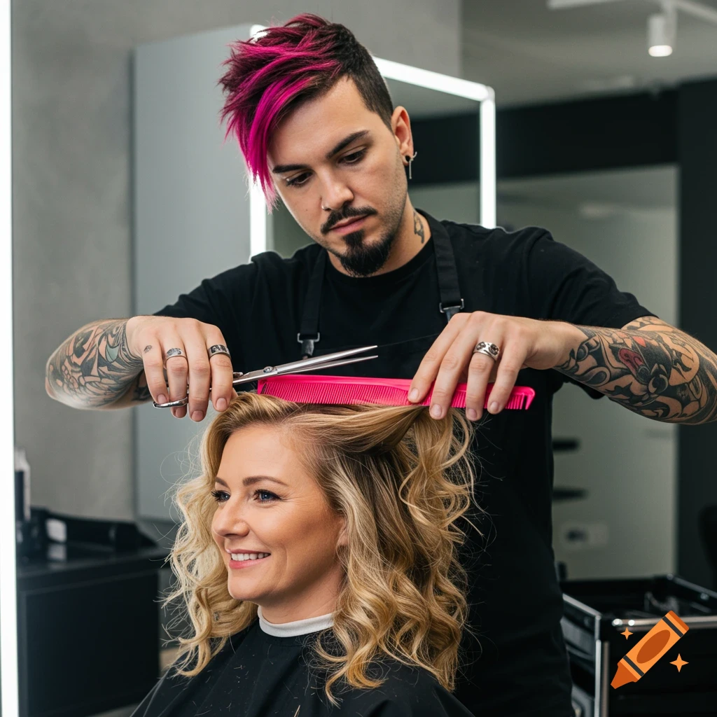Hairstylist with pink hair cutting a woman's blonde hair in a salon.