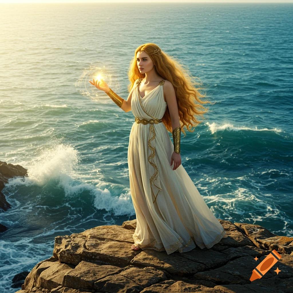 Goddess in flowing dress holding a glowing orb on a cliff by the ocean