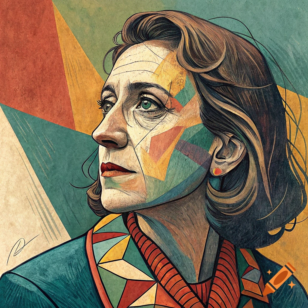 Stylized portrait of a woman with geometric shapes on her face and clothing in a colorful Cubist style.