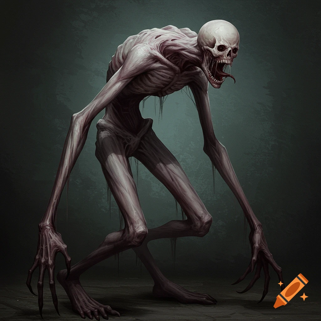 A pale, skeletal creature with long limbs, claws, and a skull face.