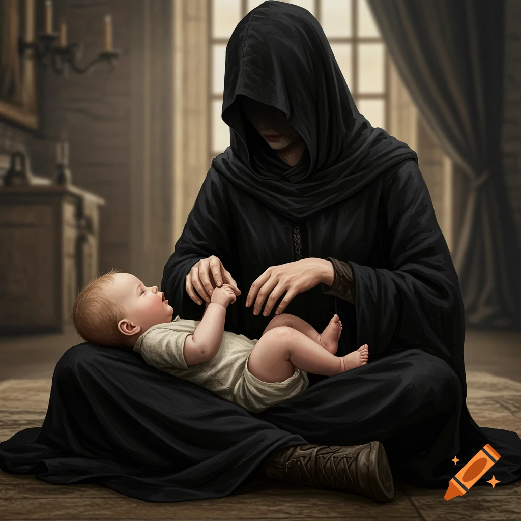 A hooded figure in a black robe holds a baby in a dimly lit room, in a Dark Souls style.