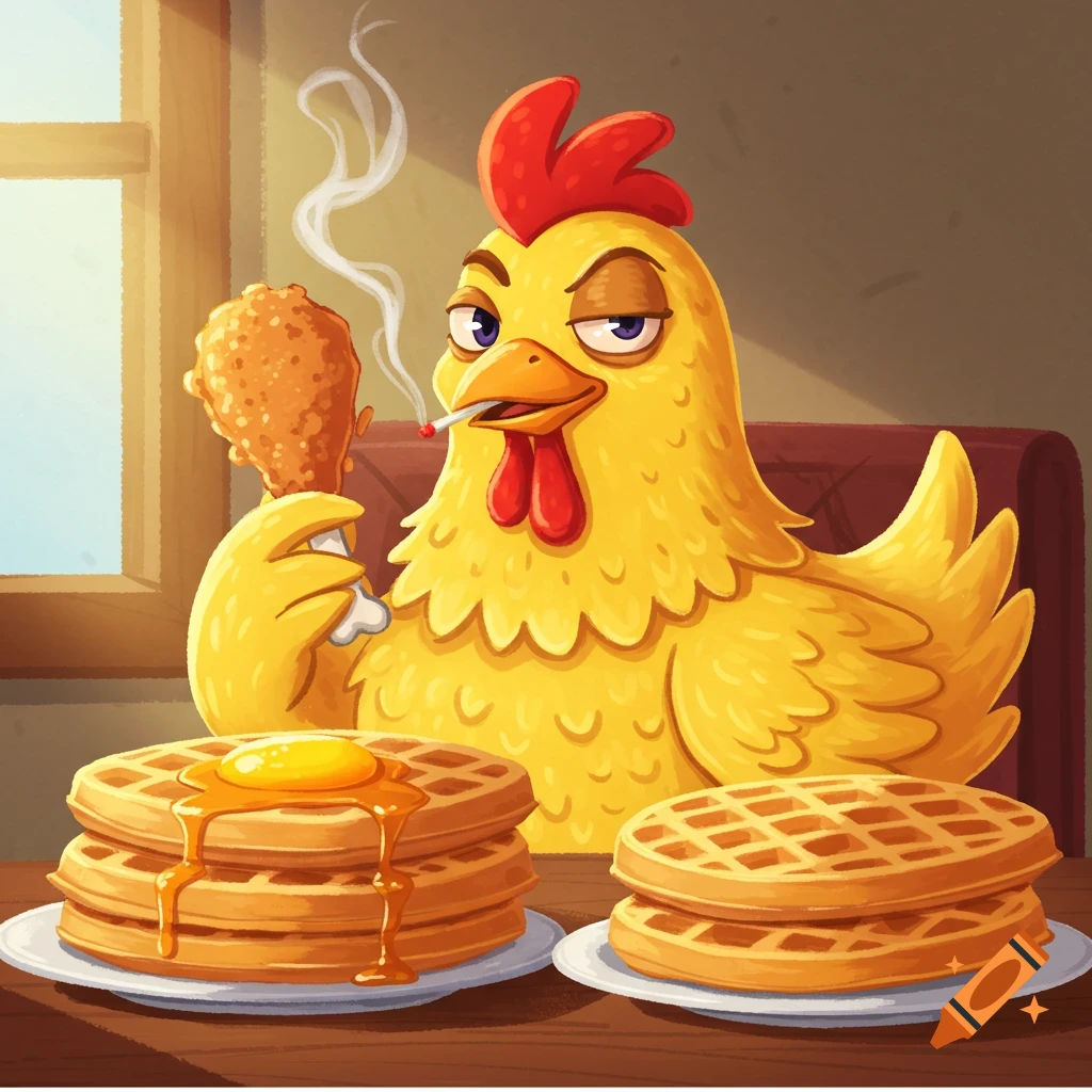 Cartoon chicken smoking and eating fried chicken with waffles on a table.
