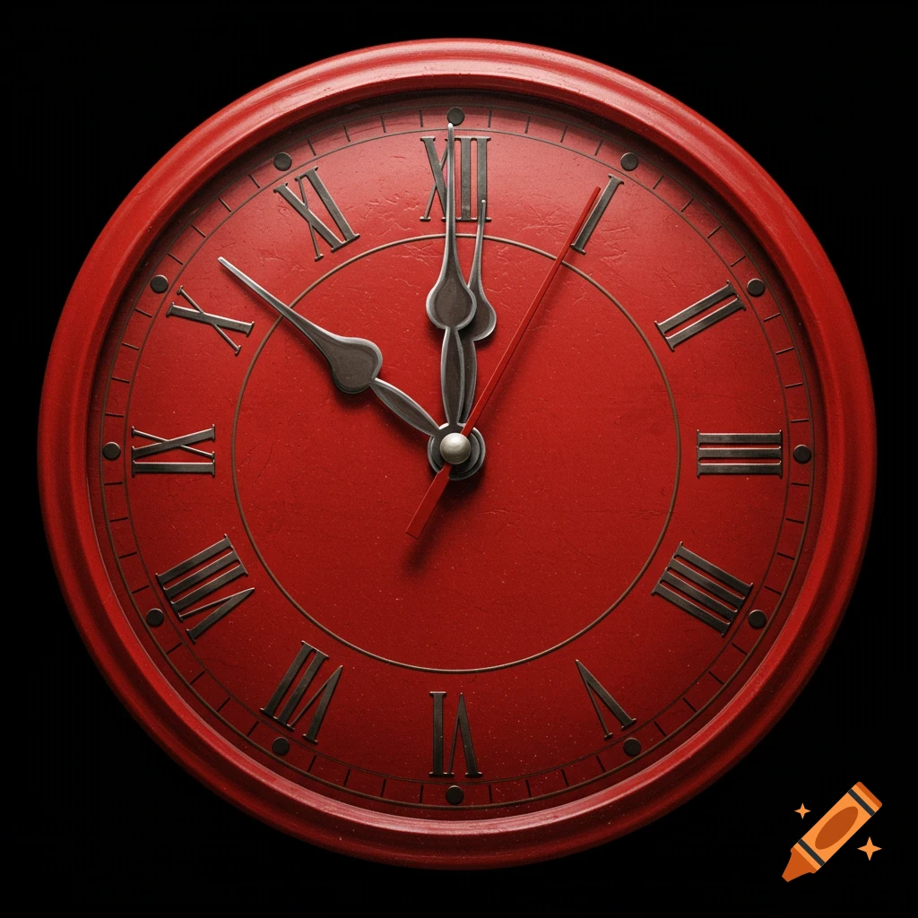 Close-up of a red clock face with Roman numerals and hands.