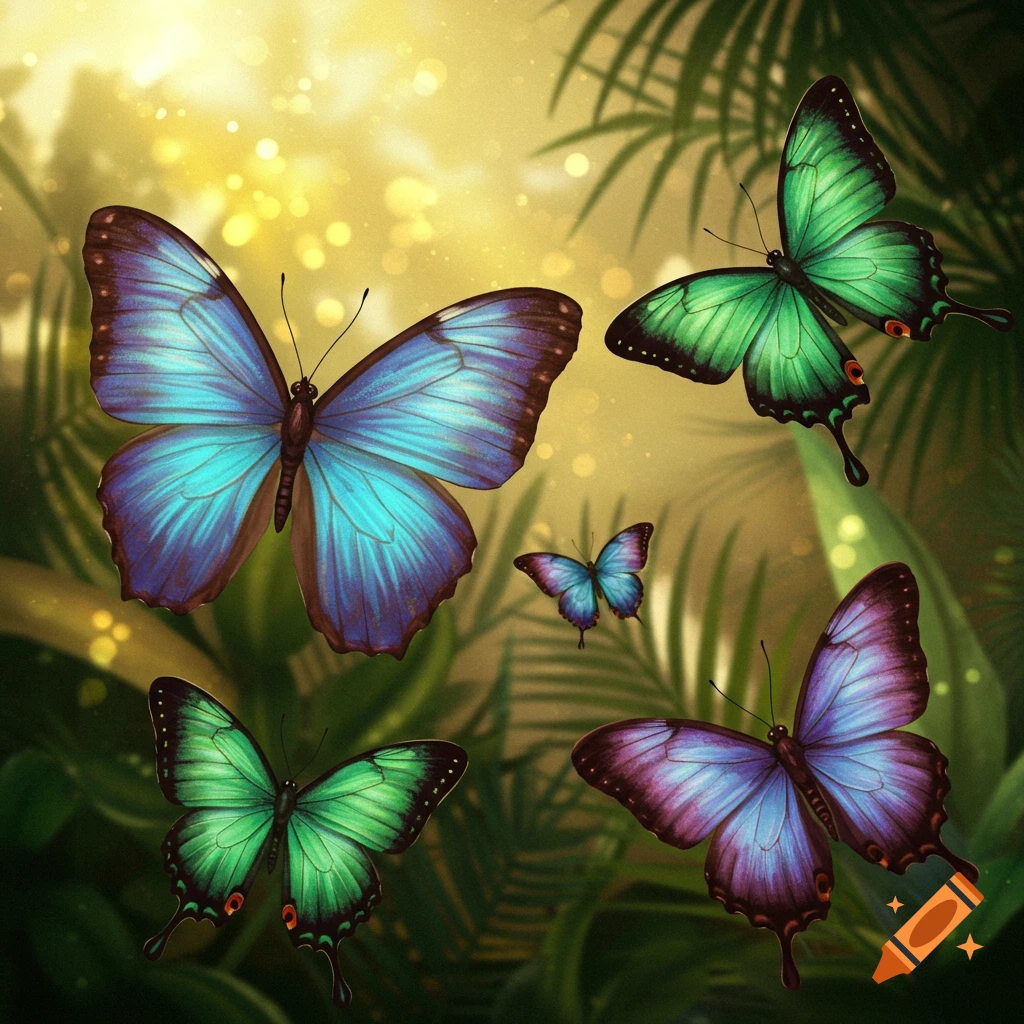 Colorful butterflies flying in a jungle setting with sun rays filtering through.