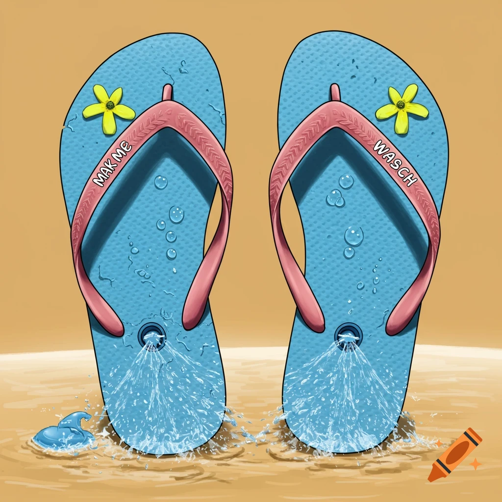 Illustration of two blue flip-flops with pink straps squirting water from the toes, with water droplets and yellow flowers.