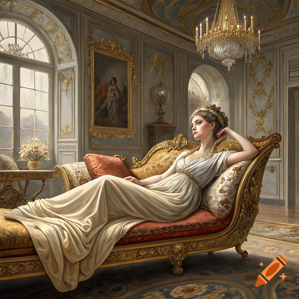 Woman in classical dress reclines on an ornate couch in a luxurious room.