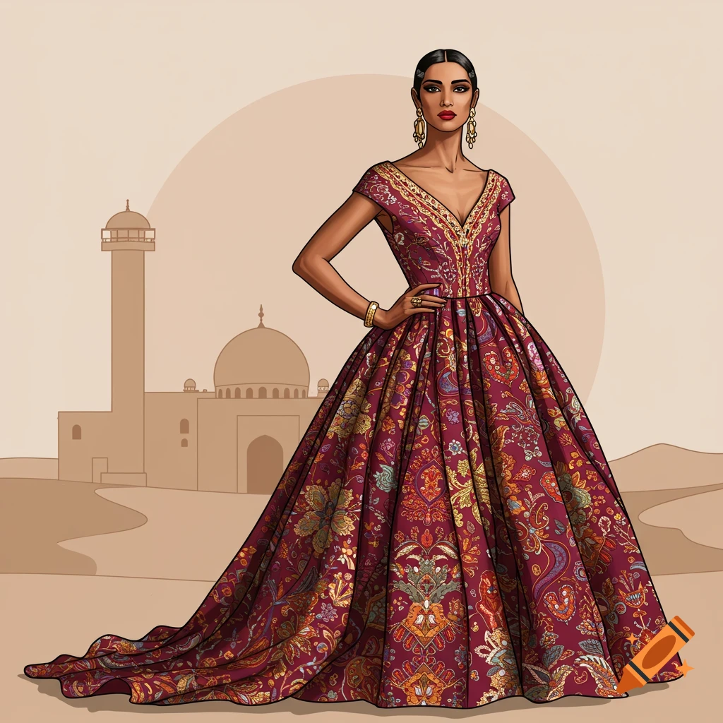 A woman in an ornate red couture dress poses before stylized desert architecture.