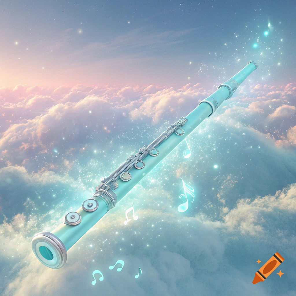 A light blue flute floats among glowing clouds and stars with musical notes.