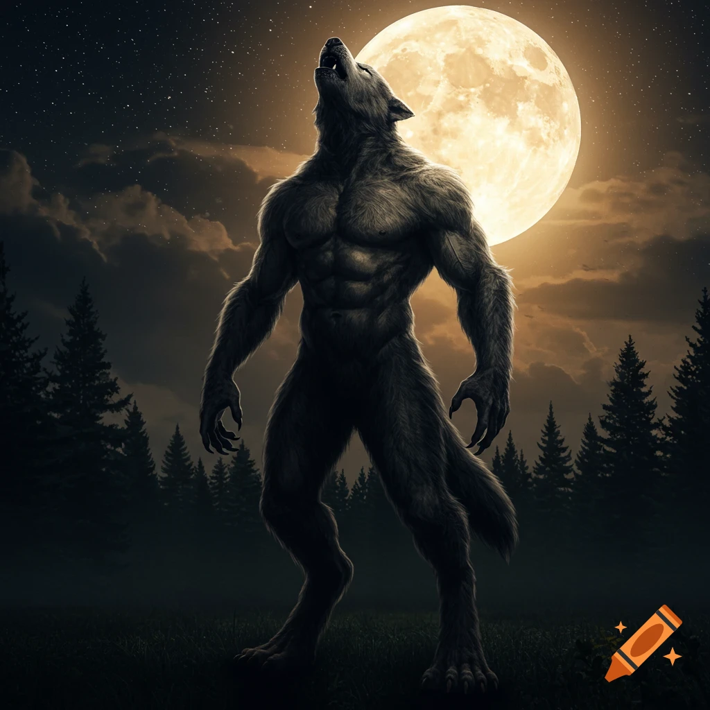 A large werewolf howls at a full moon in a dark forest.