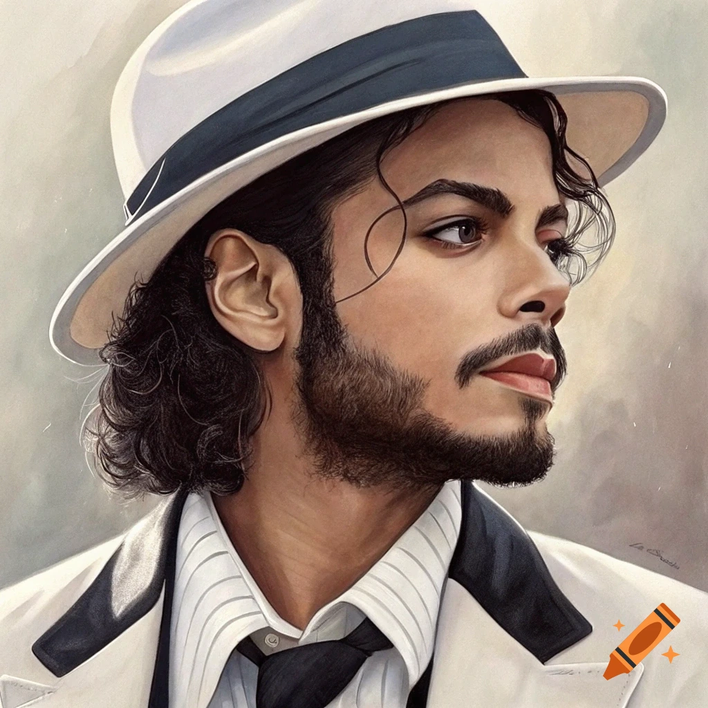 Digital portrait of a bearded Michael Jackson wearing a white hat and suit.