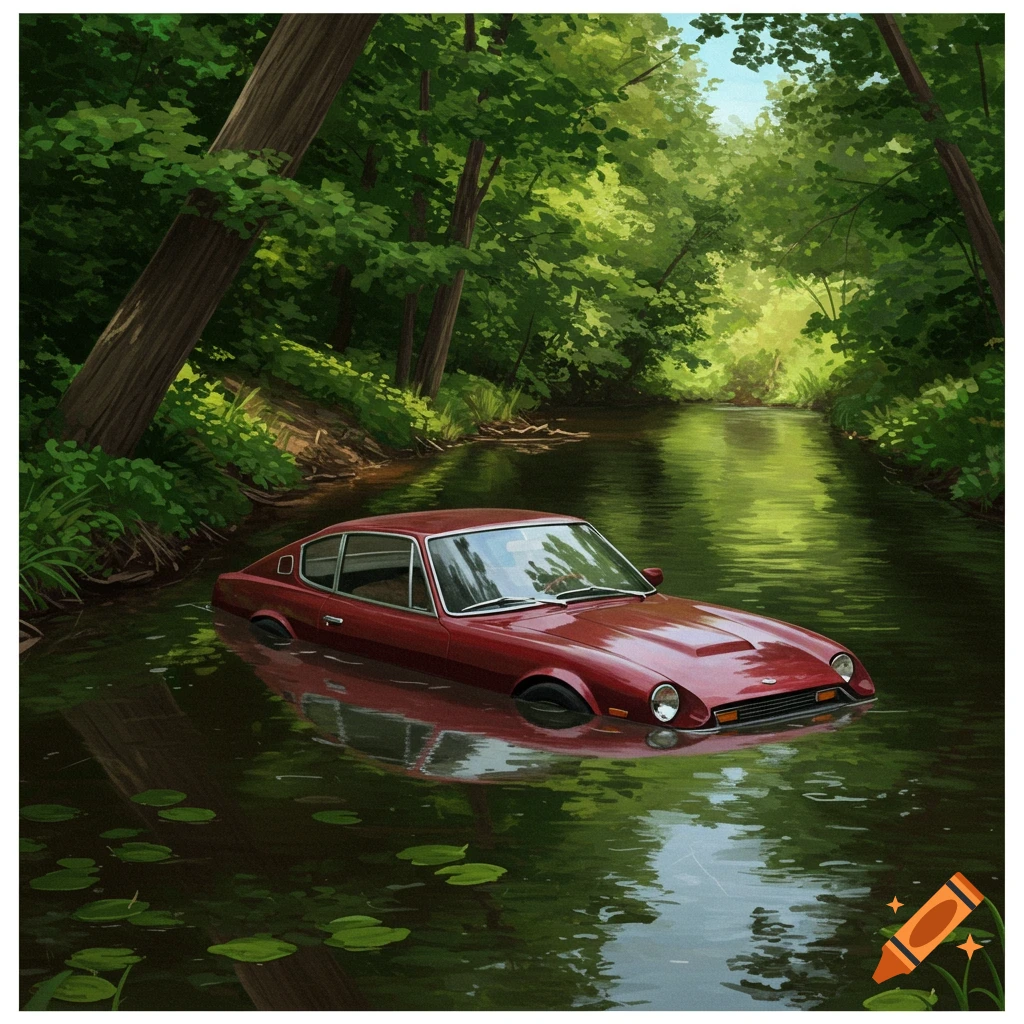 A red sports car is partially submerged in a river flowing through a forest.