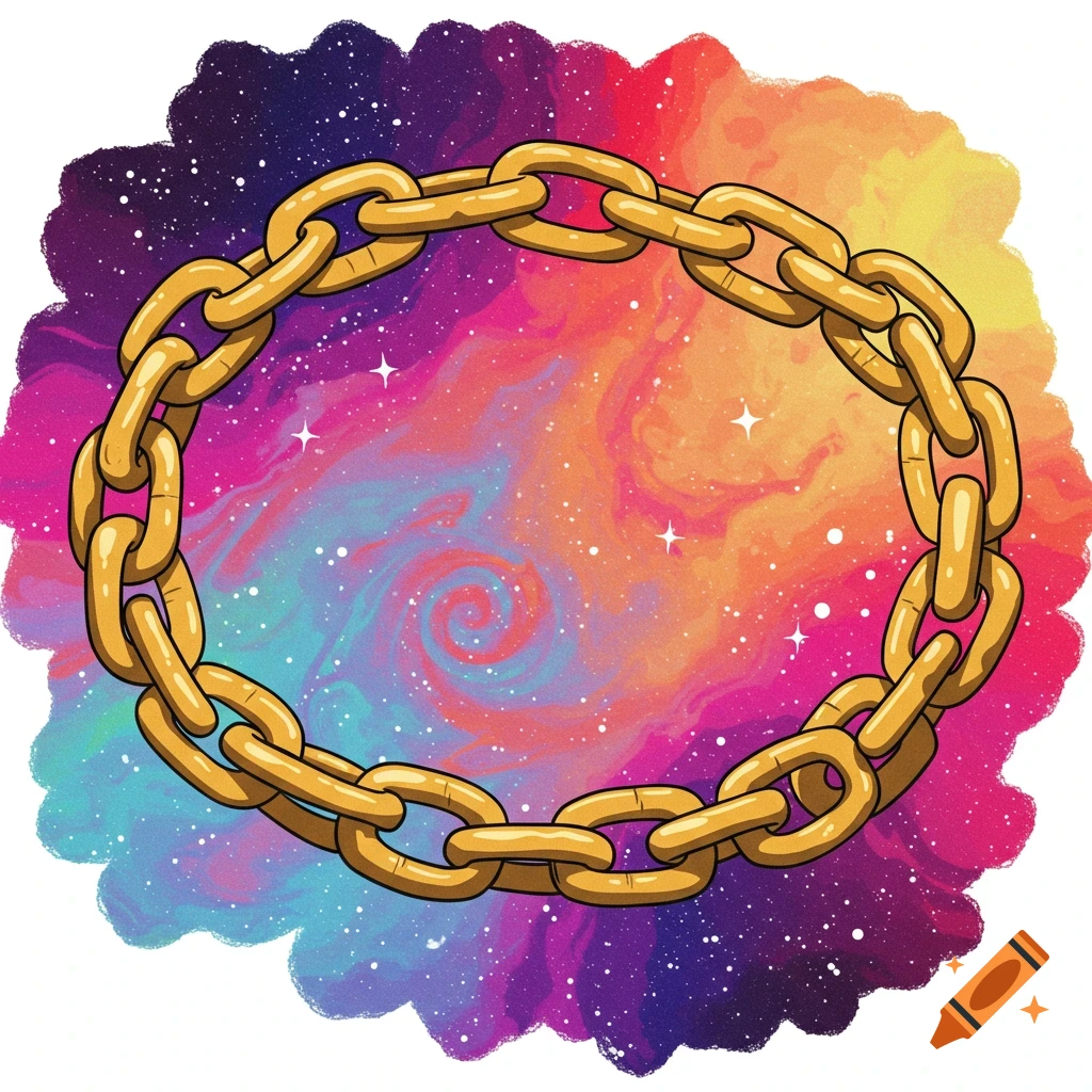 A digital illustration of a golden chain forming an oval shape over a colorful galaxy background with stars.