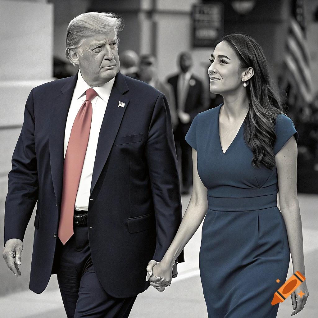 Donald Trump and Alexandria Ocasio-Cortez holding hands while walking.