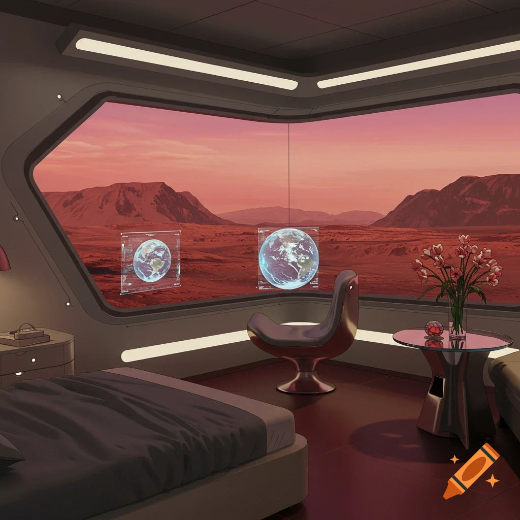 A futuristic Mars hotel room featuring a stunning view of the red landscape and holographic displays showing Earth.
