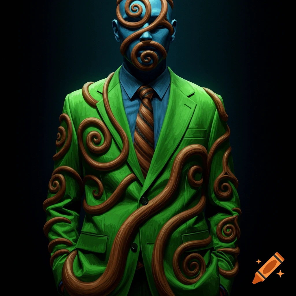 A person in a green suit covered in brown spirals